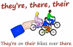 the different ways of spelling they're, there and their illustrated with a picture of 3 people on bikes